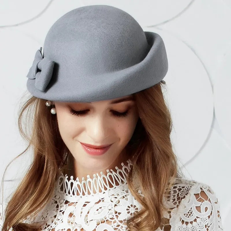 FADVES Vintage Style Elegant British Wool Felt Bowler Hat, Gray, Formal Dress Hat with Bow Detail 5116