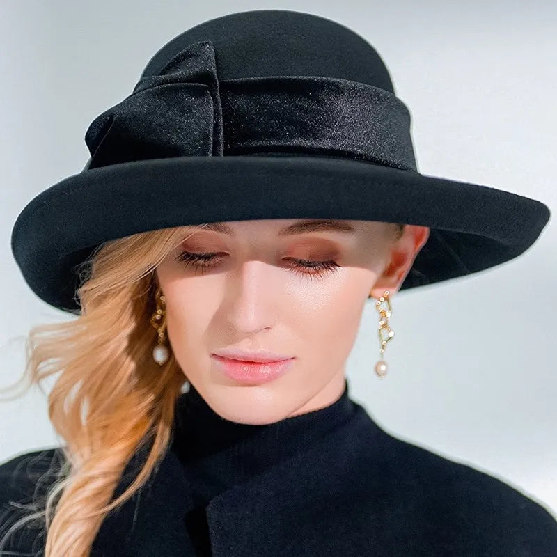 EE 5124 Autumn and Winter New Bow Elegant Wool Top Hat British Versatile Wool Women's Top Hat