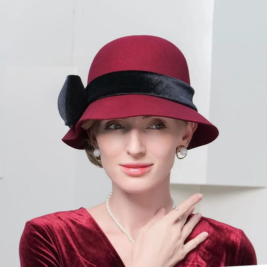 FADVES  Women's Vintage Red Felt Fedoras Hat with Big Bowknot Formal Business Work Bowler Hat Winter Warm Cold Weather Wool Caps 5130