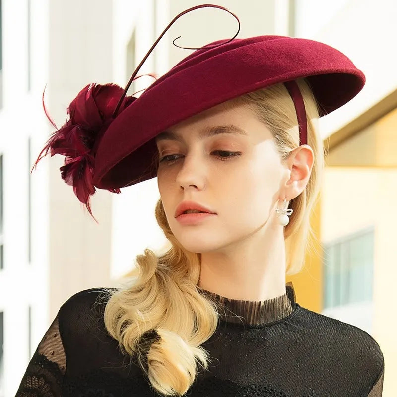 EE 5145 Autumn and winter new English feather banquet adult small top hat elegant everything wool hat woman