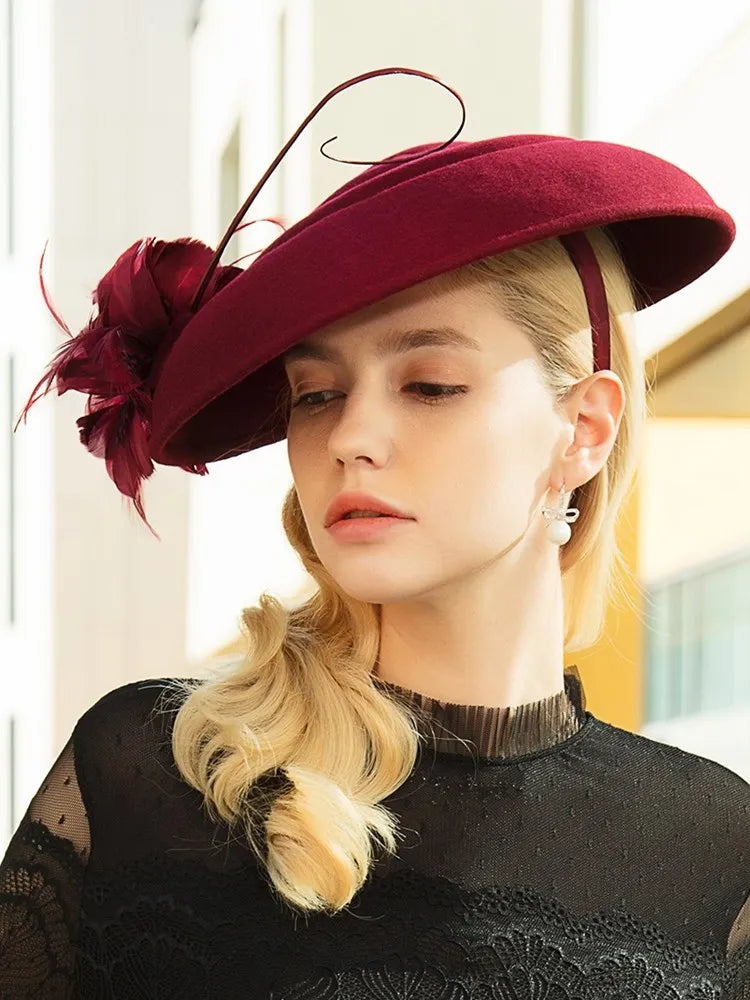 EE 5145 Autumn and winter new English feather banquet adult small top hat elegant everything wool hat woman
