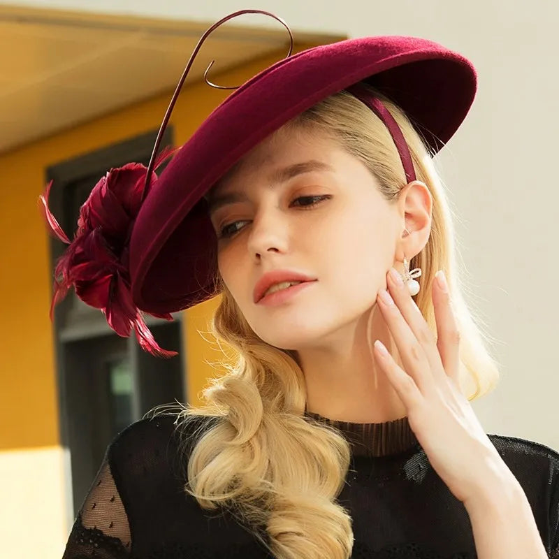 EE 5145 Autumn and winter new English feather banquet adult small top hat elegant everything wool hat woman