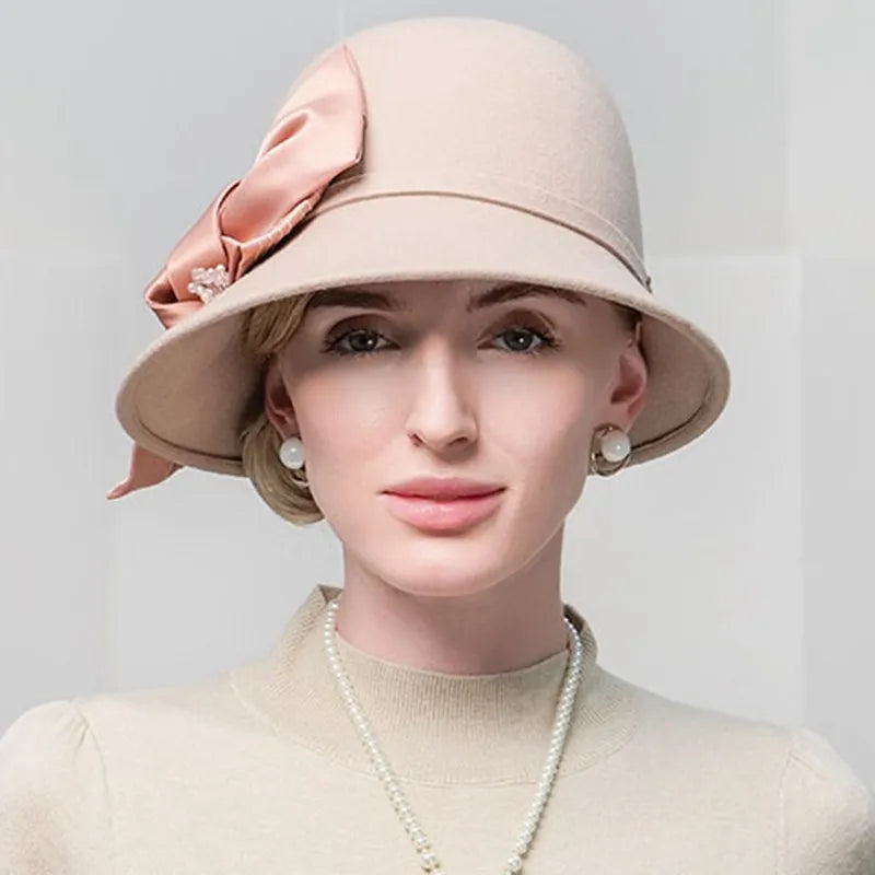 FADVES Elegant Wool Cloche Hat, Beige with Bow Detail, Church Wedding Formal Wear, Classic Bowler Style 5146