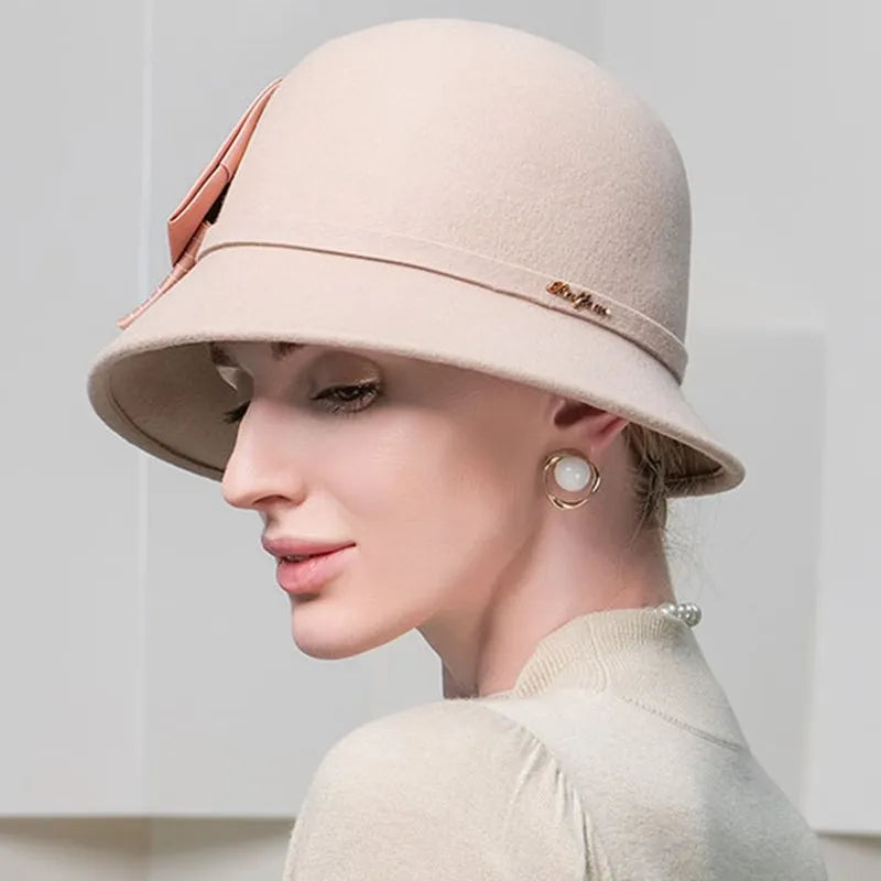 FADVES Elegant Wool Cloche Hat, Beige with Bow Detail, Church Wedding Formal Wear, Classic Bowler Style 5146