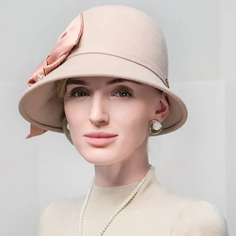 FADVES Elegant Wool Cloche Hat, Beige with Bow Detail, Church Wedding Formal Wear, Classic Bowler Style 5146