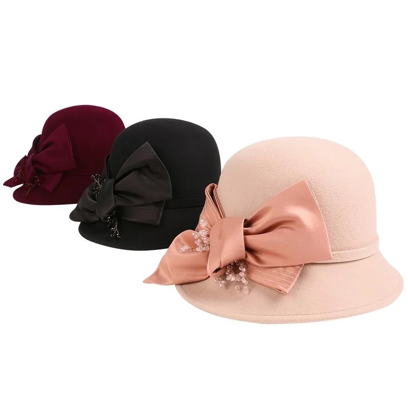 FADVES Elegant Wool Cloche Hat, Beige with Bow Detail, Church Wedding Formal Wear, Classic Bowler Style 5146