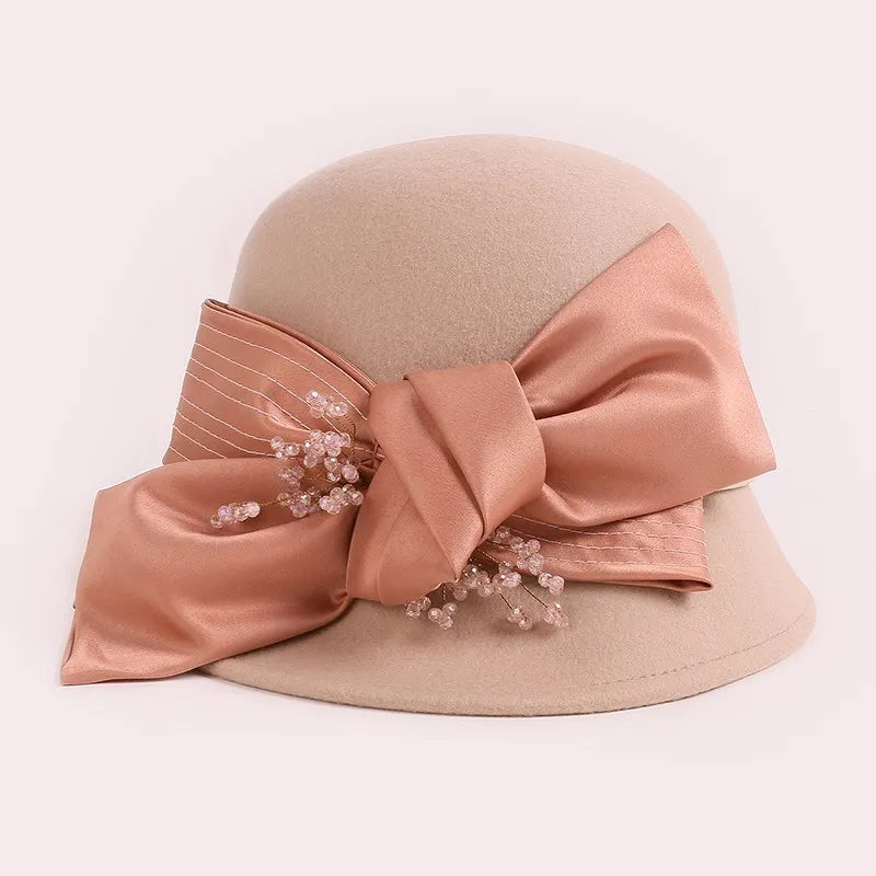 FADVES Elegant Wool Cloche Hat, Beige with Bow Detail, Church Wedding Formal Wear, Classic Bowler Style 5146