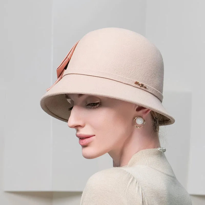 FADVES Elegant Wool Cloche Hat, Beige with Bow Detail, Church Wedding Formal Wear, Classic Bowler Style 5146