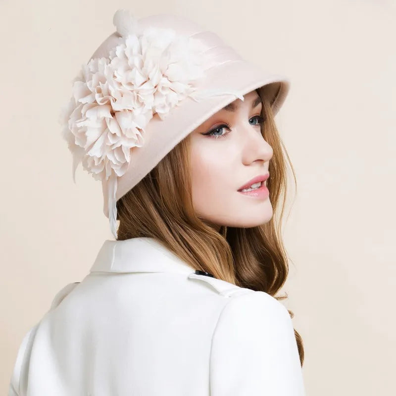 EE 5156 hat, female autumn and winter top hat, trendy British woolen hat, Korean flower winter round top hat