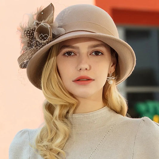 EE 5157 Autumn hat Women's casual bowler hat Autumn and winter flower short brim hat English wool hat