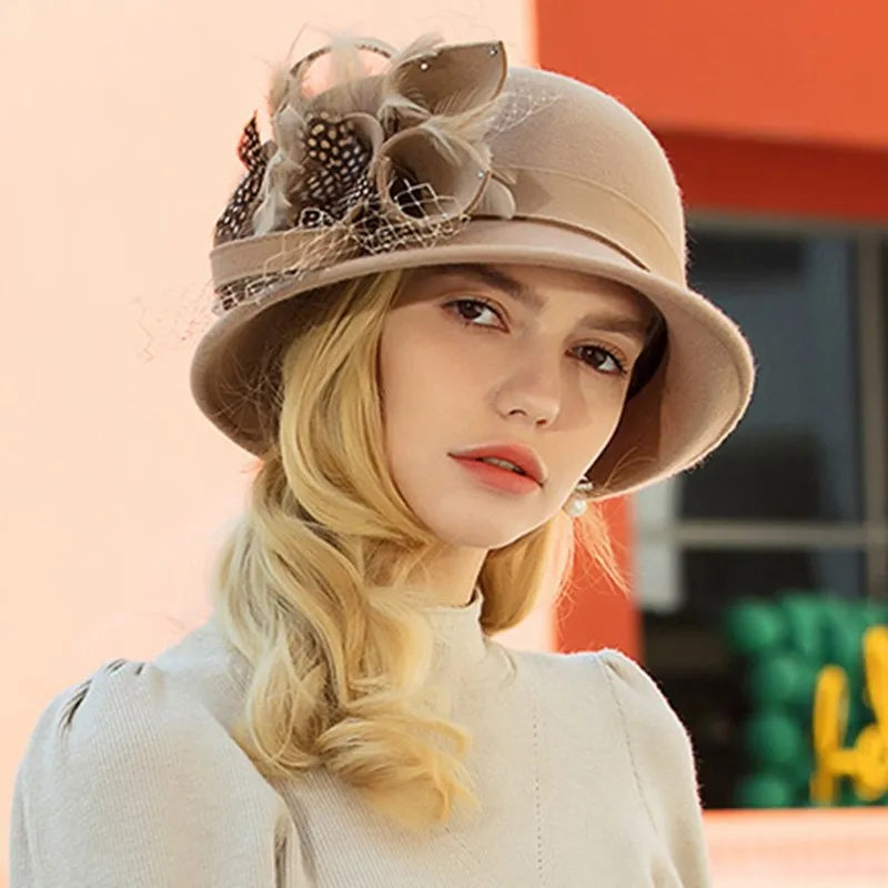 EE 5157 Autumn hat Women's casual bowler hat Autumn and winter flower short brim hat English wool hat
