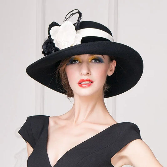 EE 5159 autumn and winter elegant top hat women's black woolen hat with British large overhang flower felt hat wool felt hat