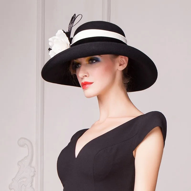 EE 5159 autumn and winter elegant top hat women's black woolen hat with British large overhang flower felt hat wool felt hat