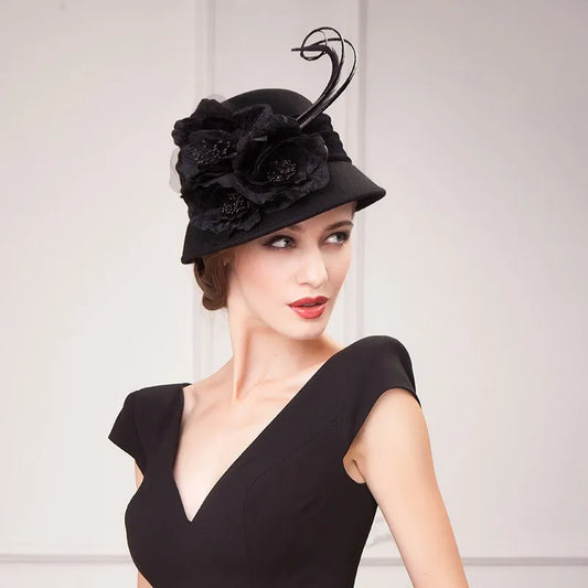 EE 5163 Autumn and Winter tide English woolen hat Winter warm feather felt hat everything with flower wool hat female winter