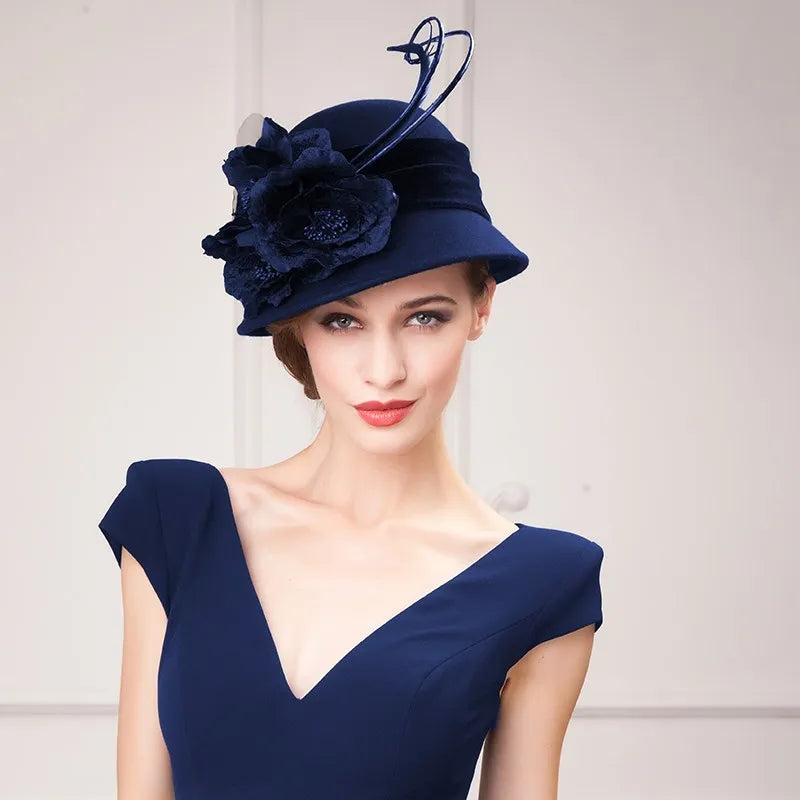 EE 5163 Autumn and Winter tide English woolen hat Winter warm feather felt hat everything with flower wool hat female winter