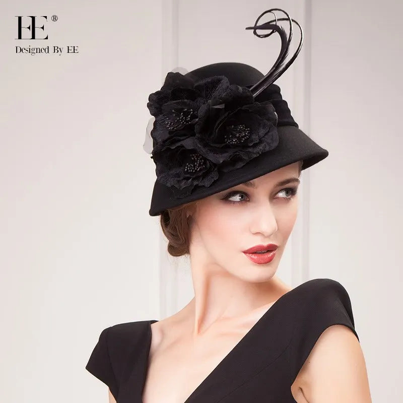 EE 5163 Autumn and Winter tide English woolen hat Winter warm feather felt hat everything with flower wool hat female winter