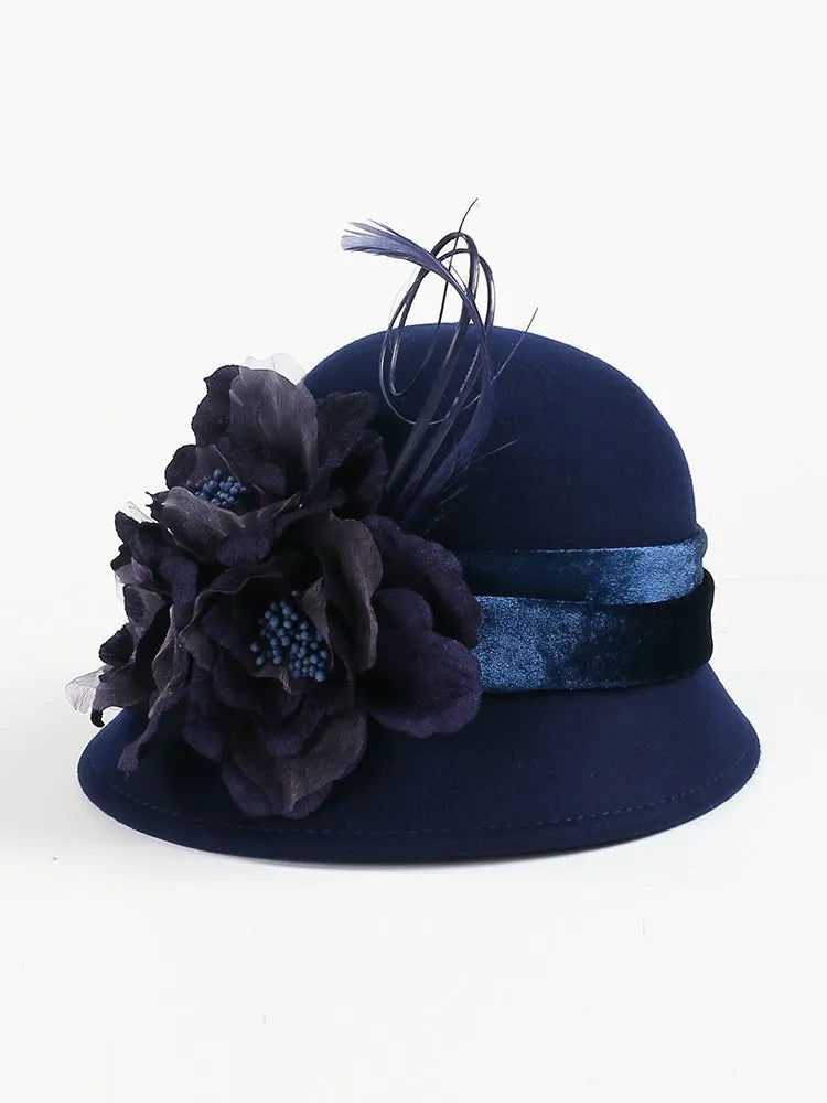 EE 5163 Autumn and Winter tide English woolen hat Winter warm feather felt hat everything with flower wool hat female winter