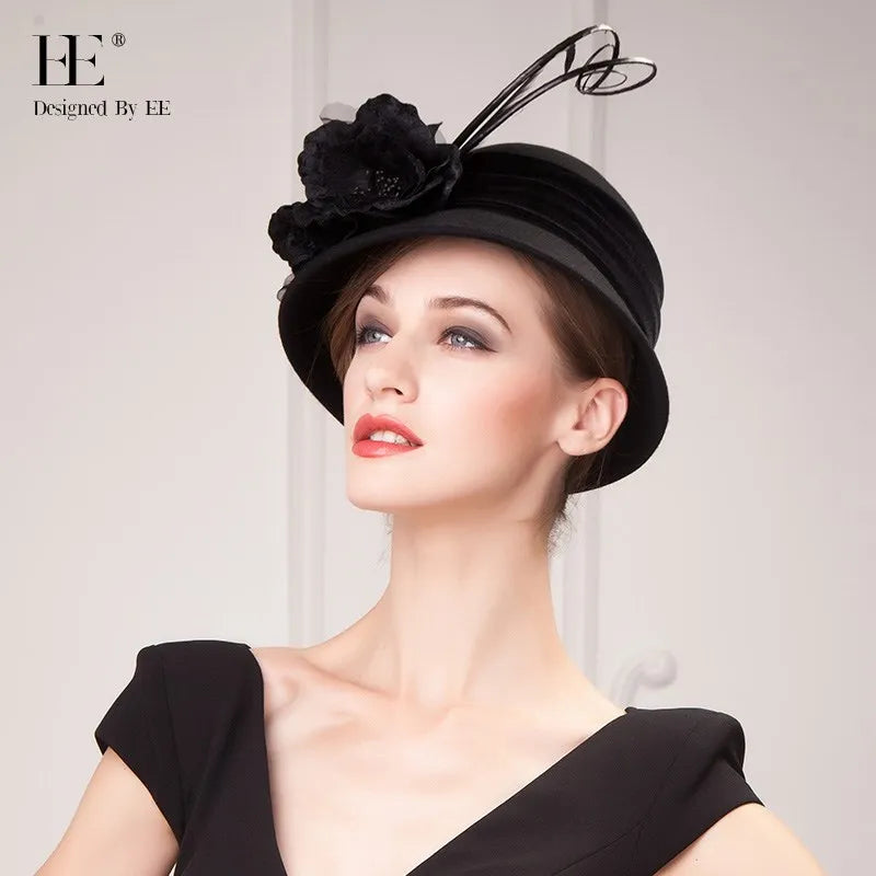 EE 5163 Autumn and Winter tide English woolen hat Winter warm feather felt hat everything with flower wool hat female winter