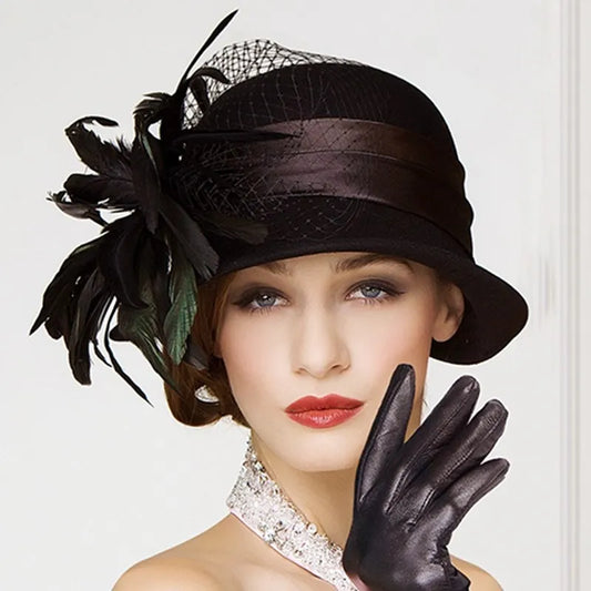 EE 5164  Autumn/Winter wool top Hat Feather rhinestone dome warm woolen hat for women