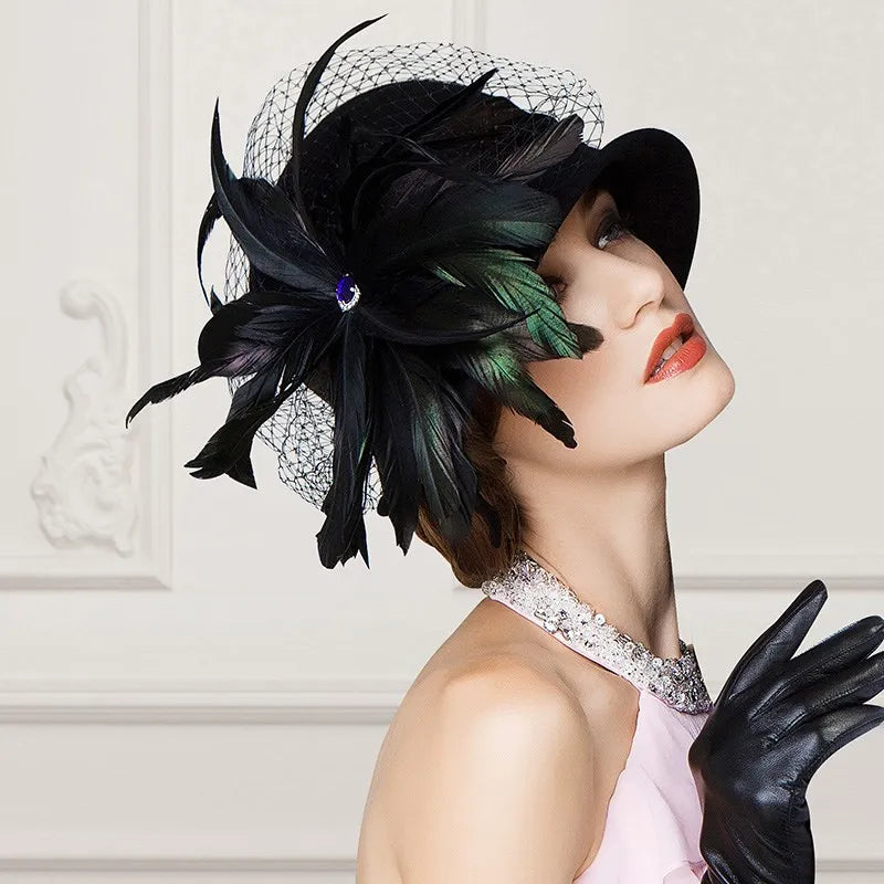 EE 5164  Autumn/Winter wool top Hat Feather rhinestone dome warm woolen hat for women