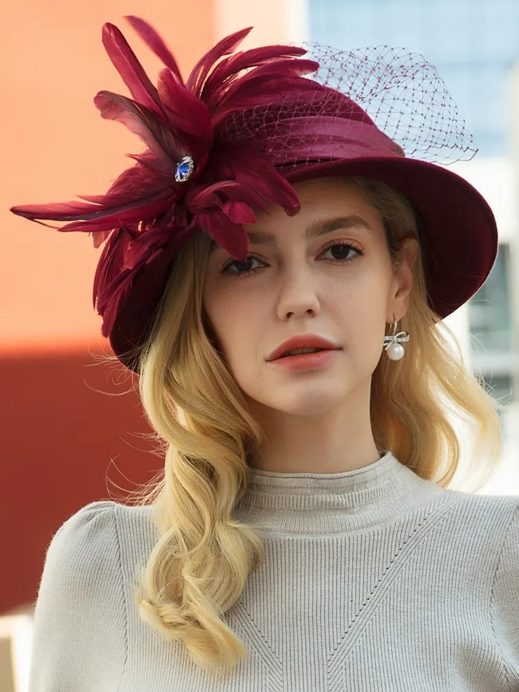 EE 5164  Autumn/Winter wool top Hat Feather rhinestone dome warm woolen hat for women