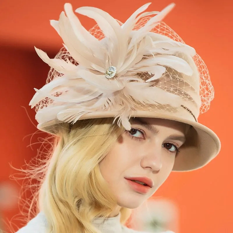 EE 5164  Autumn/Winter wool top Hat Feather rhinestone dome warm woolen hat for women