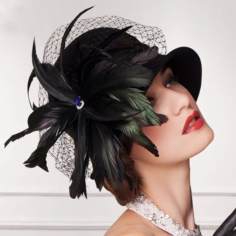 EE 5164  Autumn/Winter wool top Hat Feather rhinestone dome warm woolen hat for women