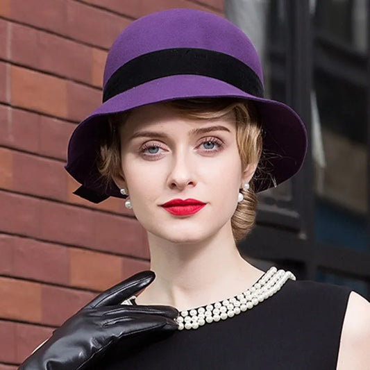 Vintage Wool Fedora Hat, Purple with Black Bow, Wide Brim, Classic Style, Elegant Winter Formal Wear 5165