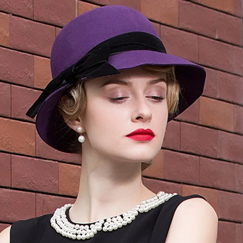 Vintage Wool Fedora Hat, Purple with Black Bow, Wide Brim, Classic Style, Elegant Winter Formal Wear 5165