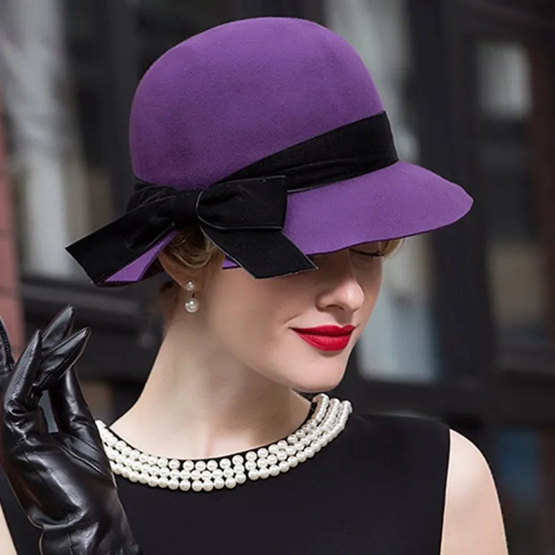 Vintage Wool Fedora Hat, Purple with Black Bow, Wide Brim, Classic Style, Elegant Winter Formal Wear 5165
