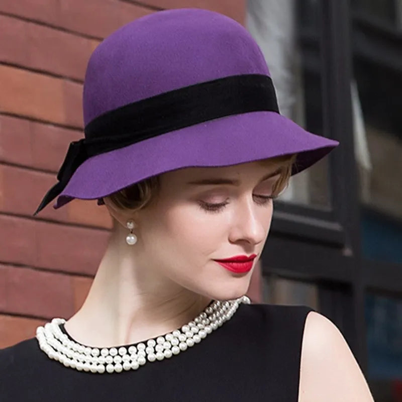 Vintage Wool Fedora Hat, Purple with Black Bow, Wide Brim, Classic Style, Elegant Winter Formal Wear 5165