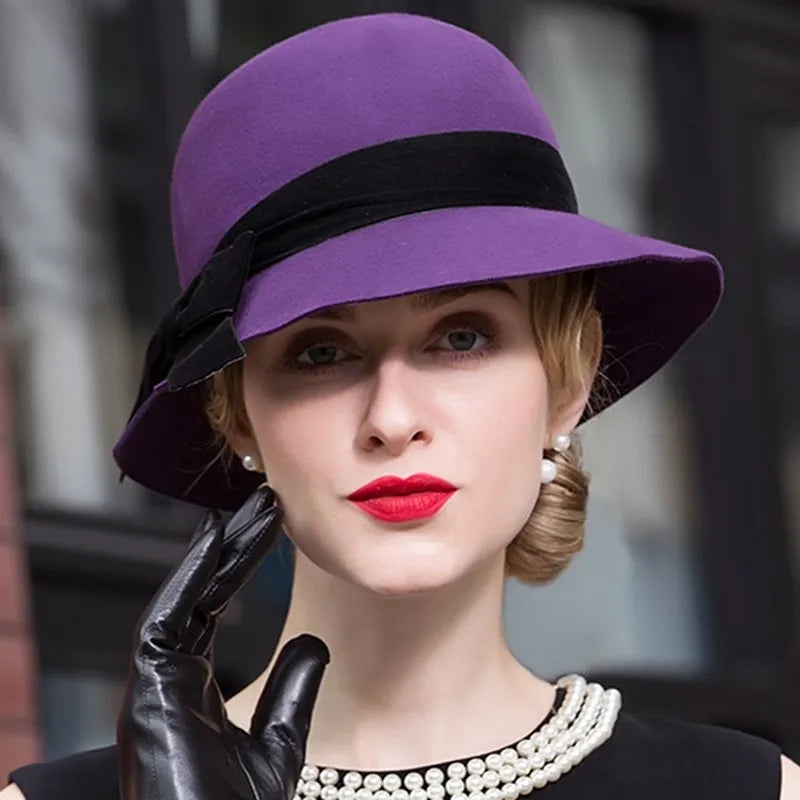 Vintage Wool Fedora Hat, Purple with Black Bow, Wide Brim, Classic Style, Elegant Winter Formal Wear 5165