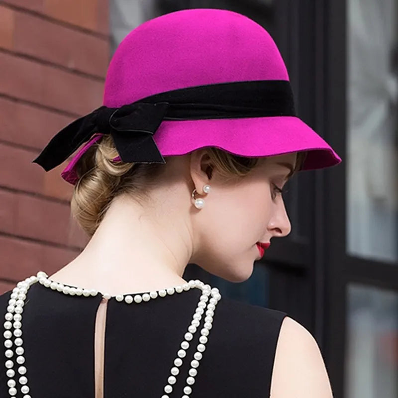 Vintage Wool Fedora Hat, Purple with Black Bow, Wide Brim, Classic Style, Elegant Winter Formal Wear 5165