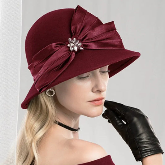 EE 5167 bowknot adornment new winter diamond dome aristocratic temperament eaves wool hat in the wind