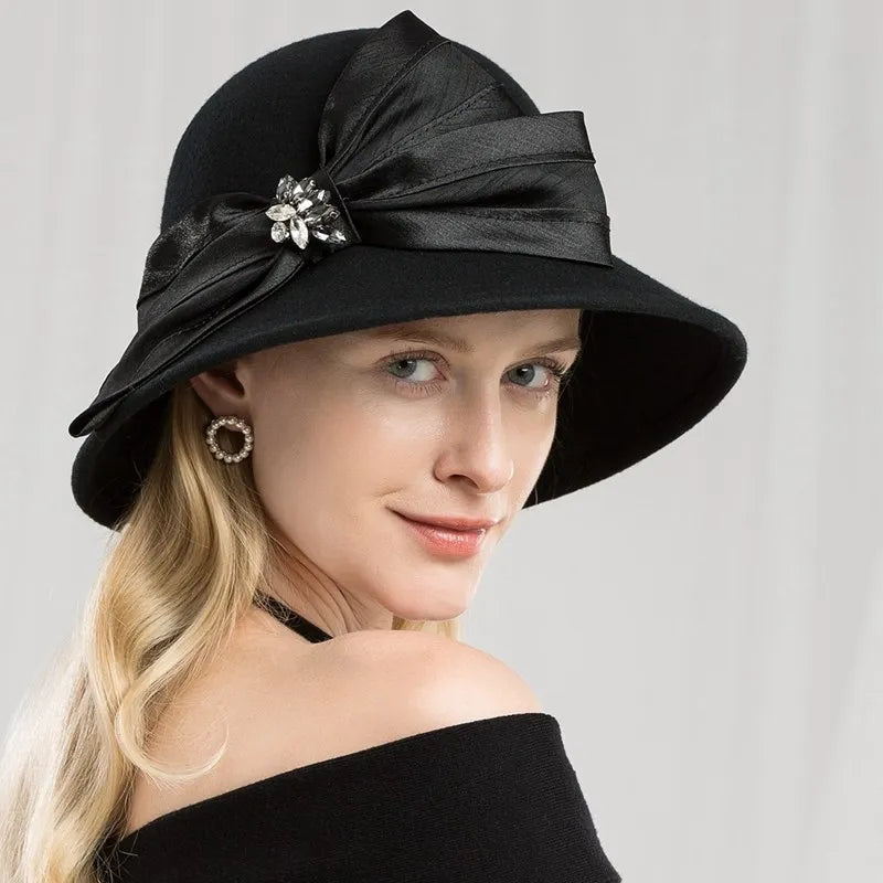 EE 5167 bowknot adornment new winter diamond dome aristocratic temperament eaves wool hat in the wind