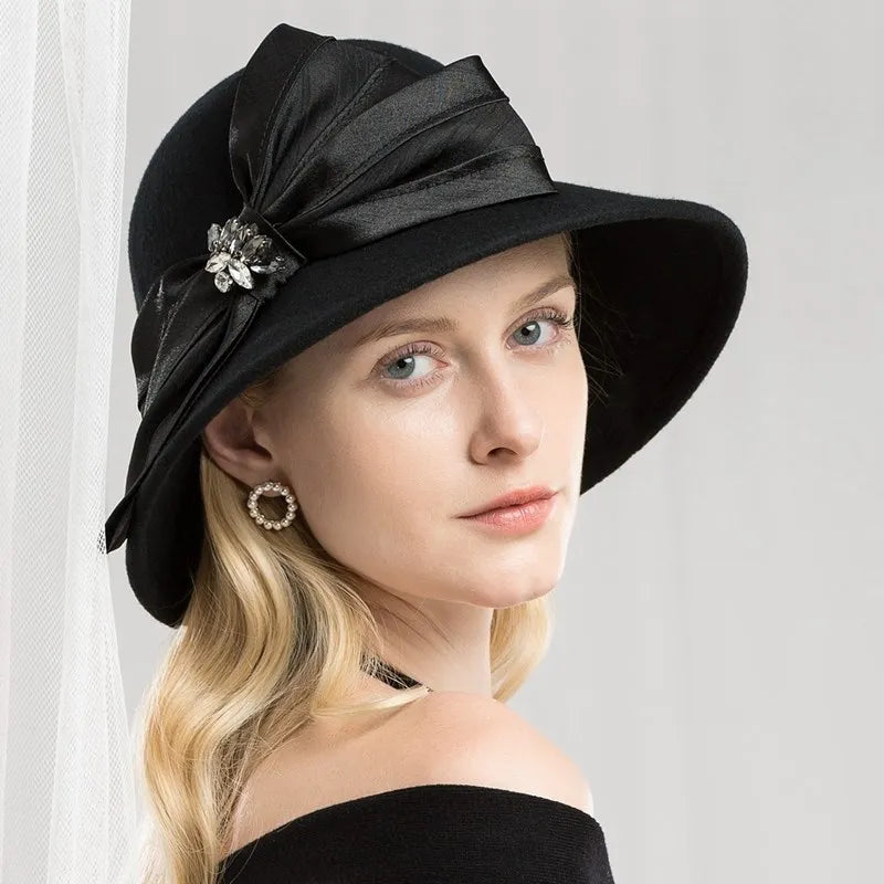 EE 5167 bowknot adornment new winter diamond dome aristocratic temperament eaves wool hat in the wind