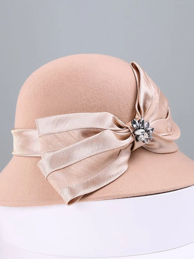EE 5167 bowknot adornment new winter diamond dome aristocratic temperament eaves wool hat in the wind