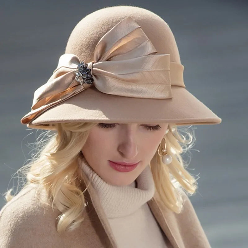 EE 5167 bowknot adornment new winter diamond dome aristocratic temperament eaves wool hat in the wind