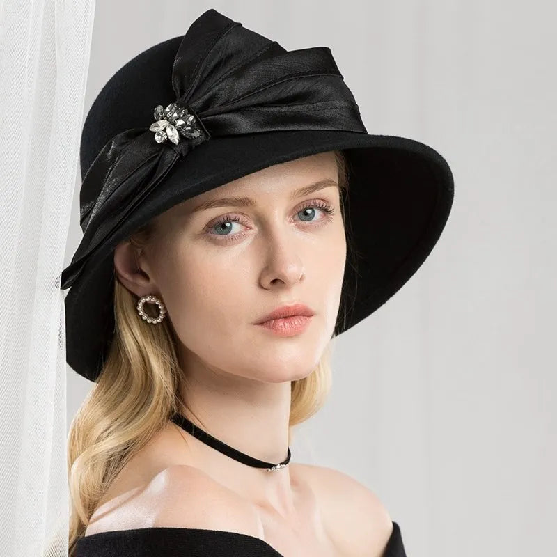 EE 5167 bowknot adornment new winter diamond dome aristocratic temperament eaves wool hat in the wind