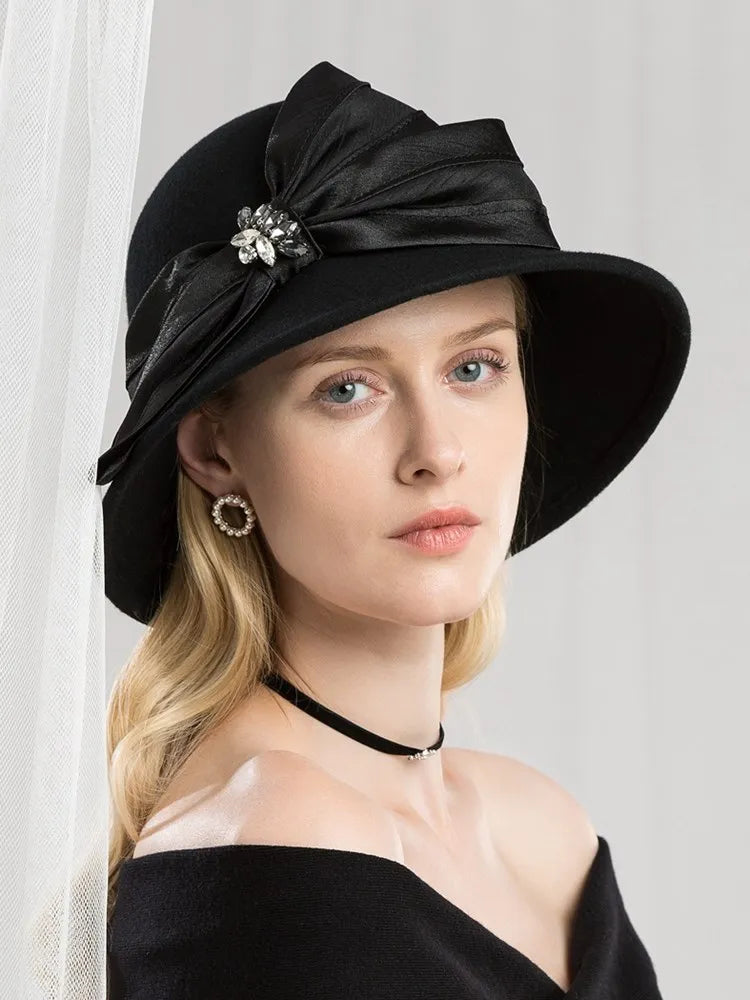 EE 5167 bowknot adornment new winter diamond dome aristocratic temperament eaves wool hat in the wind