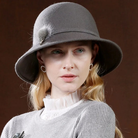 EE 5199 hat woman autumn new English wool top hat casual with wide eaves solid color hat woman