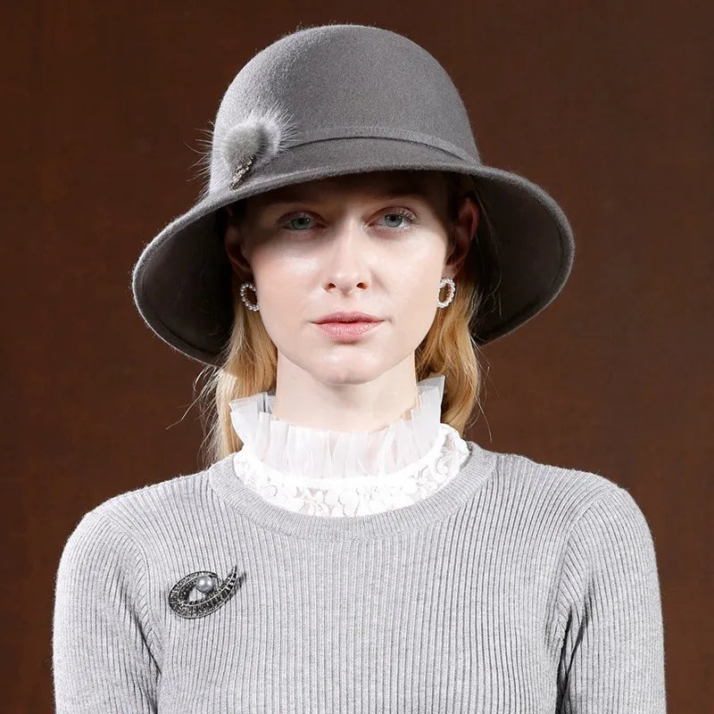 EE 5199 hat woman autumn new English wool top hat casual with wide eaves solid color hat woman