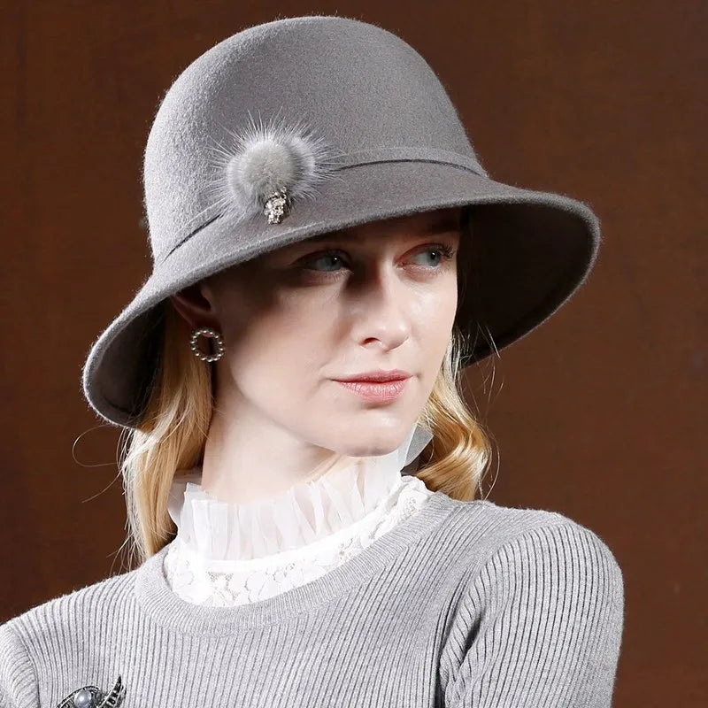EE 5199 hat woman autumn new English wool top hat casual with wide eaves solid color hat woman