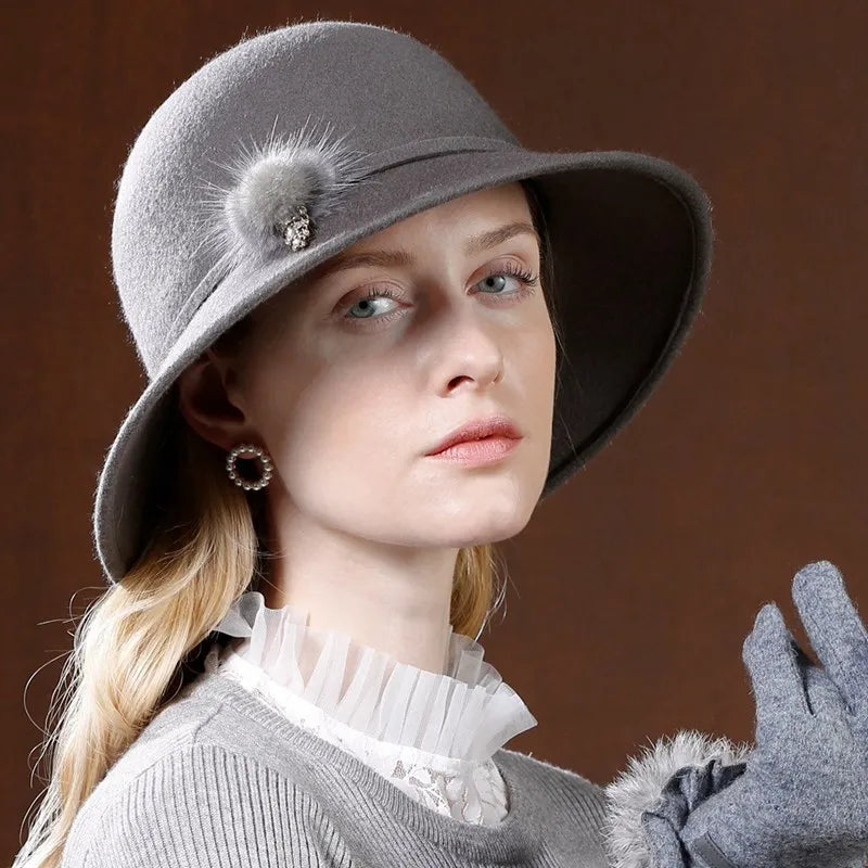 EE 5199 hat woman autumn new English wool top hat casual with wide eaves solid color hat woman