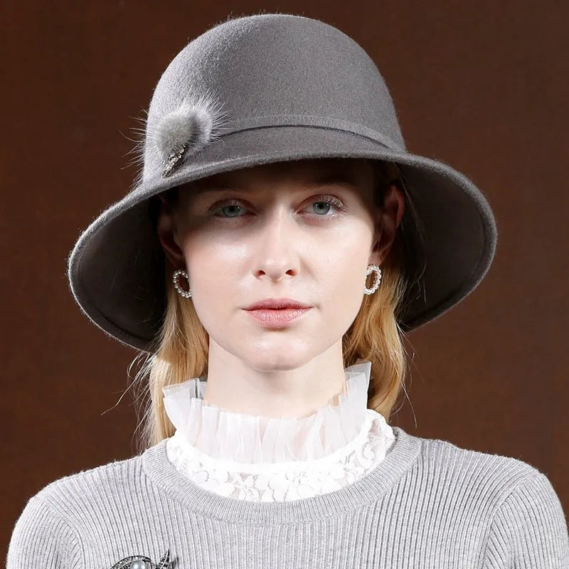 EE 5199 hat woman autumn new English wool top hat casual with wide eaves solid color hat woman