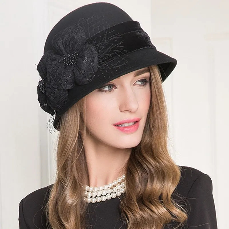 EE 5200 Autumn and Winter British Women's Wool Hat Versatile Wool Top Hat European and American Leisure Shopping Black Hat