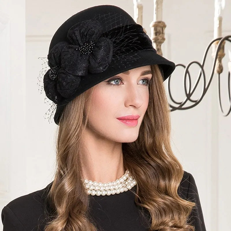 EE 5200 Autumn and Winter British Women's Wool Hat Versatile Wool Top Hat European and American Leisure Shopping Black Hat
