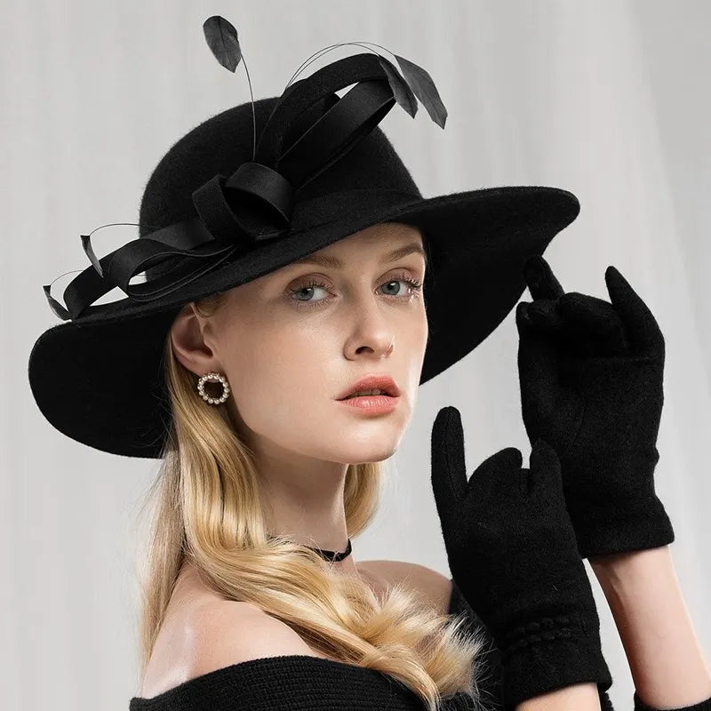 EE 5201 winter new English wool hat elegant girl big tweed hat all match banquet formal hat woman