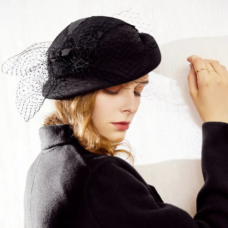 EE 5203 autumn and winter new mesh wool hat round face suitable for British elegant banquet Beret hat women