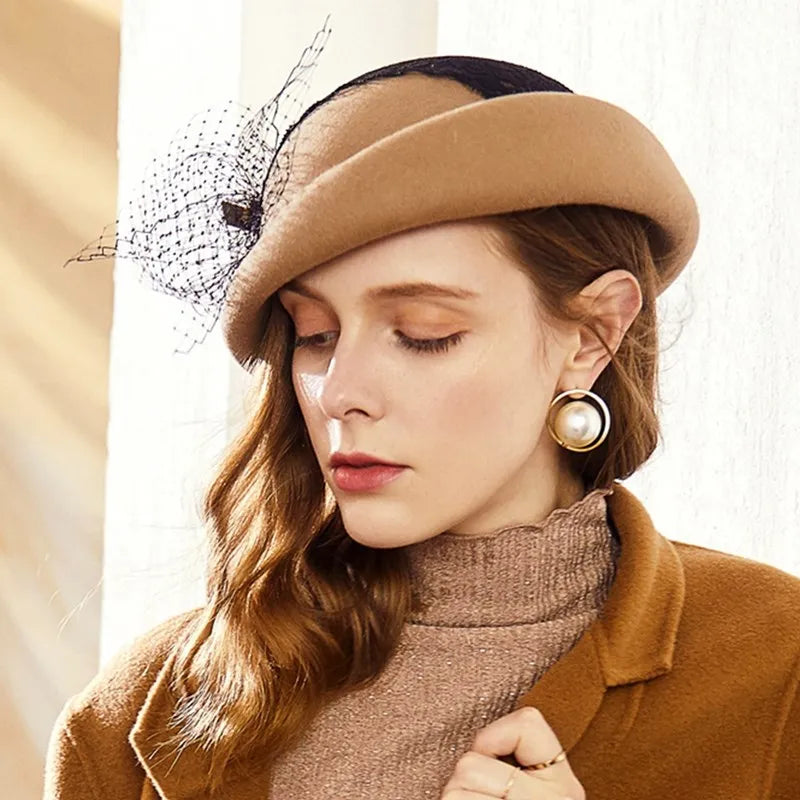 EE 5203 autumn and winter new mesh wool hat round face suitable for British elegant banquet Beret hat women
